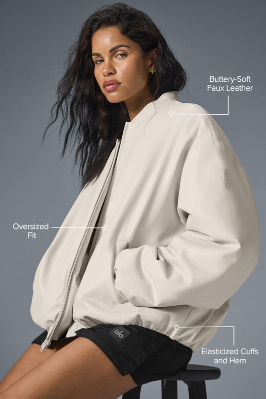 Faux Leather Premier Bomber — Bone