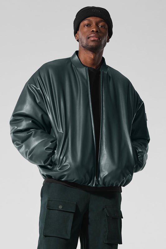 Faux Leather Premier Bomber — Charcoal Green