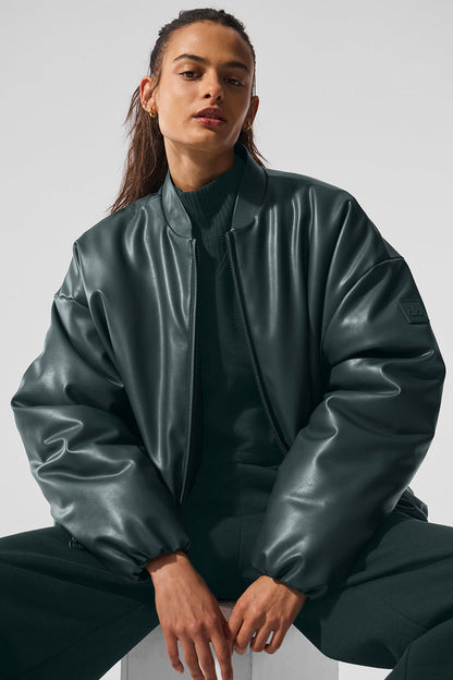 Faux Leather Premier Bomber — Charcoal Green