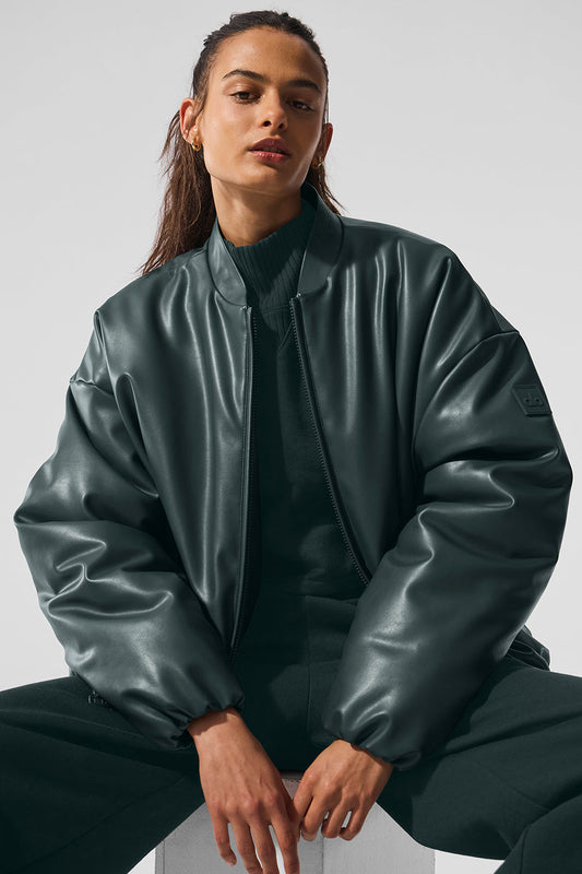 Faux Leather Premier Bomber — Charcoal Green