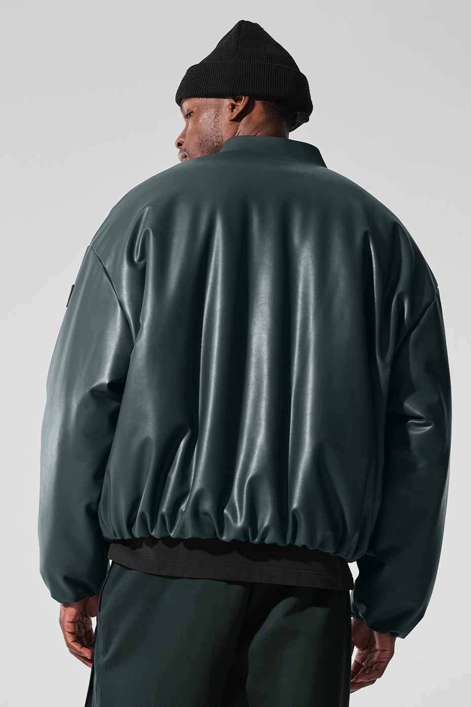 Faux Leather Premier Bomber — Charcoal Green