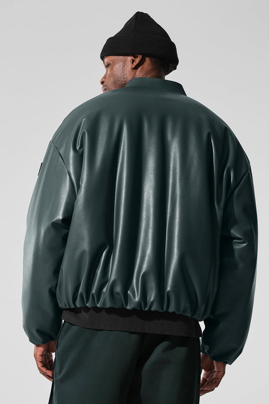 Faux Leather Premier Bomber — Charcoal Green