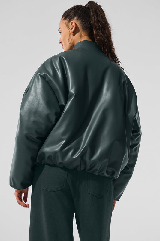 Faux Leather Premier Bomber — Charcoal Green