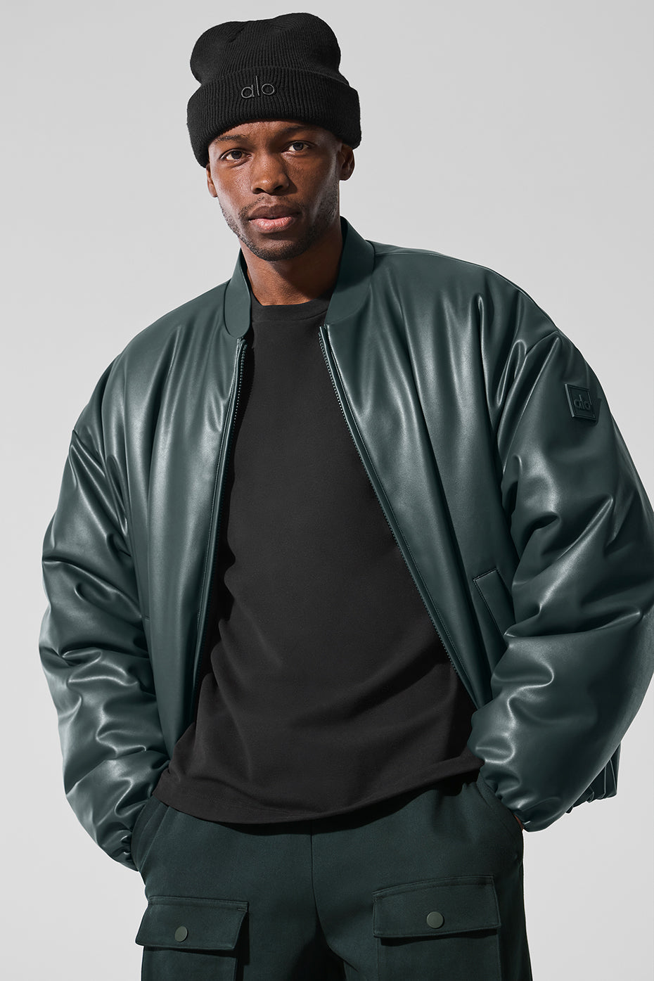 Faux Leather Premier Bomber — Charcoal Green