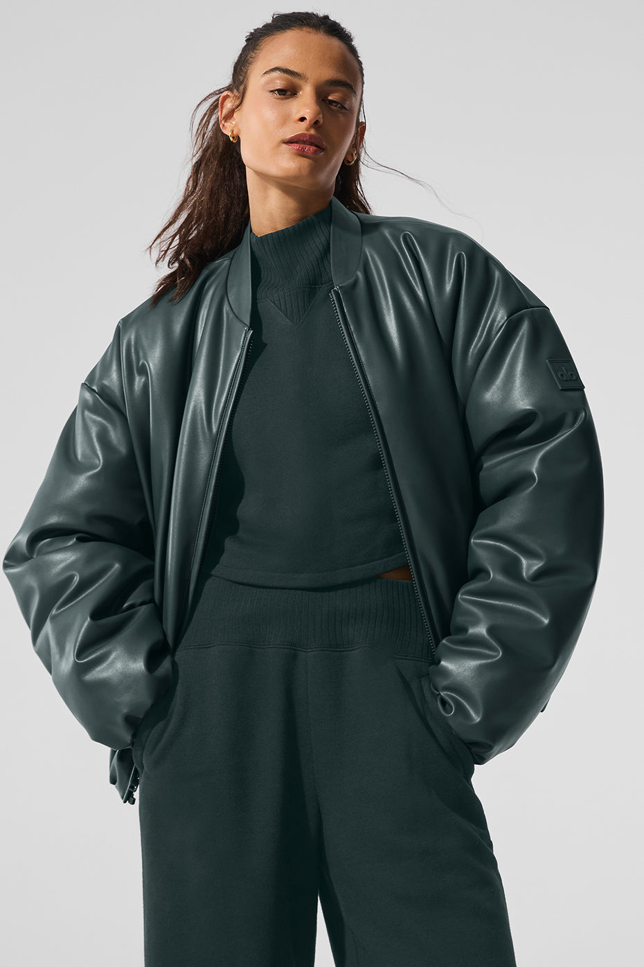 Faux Leather Premier Bomber — Charcoal Green