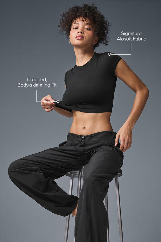 Alosoft Crop Finesse Shorts‑Sleeve — Black