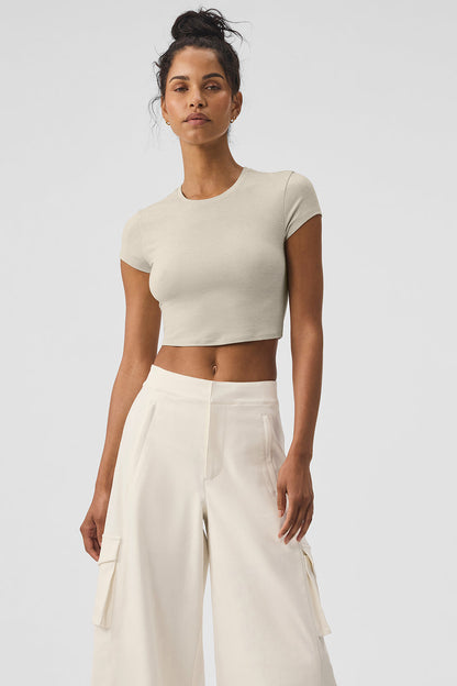 Alosoft Crop Finesse Shorts‑Sleeve — Oatmeal Heather