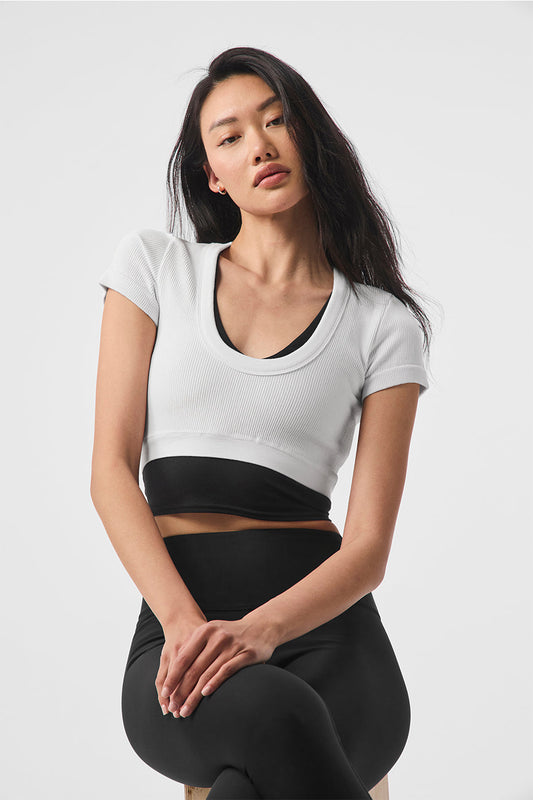 Seamless Ribbed Cropped Serene Shorts‑Sleeve — White