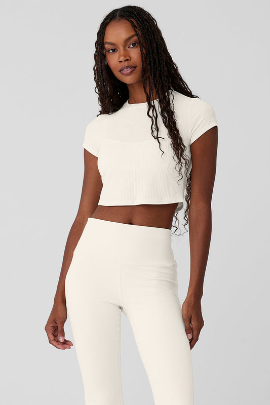 Ribbed Sea Coast Cropped Shorts‑Sleeve Tee — Ivory