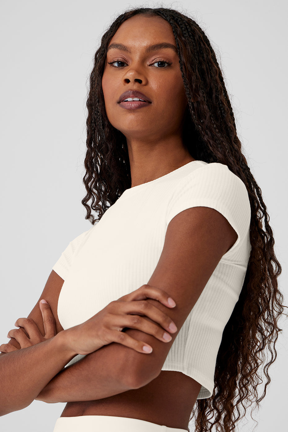 Ribbed Sea Coast Cropped Shorts‑Sleeve Tee — Ivory