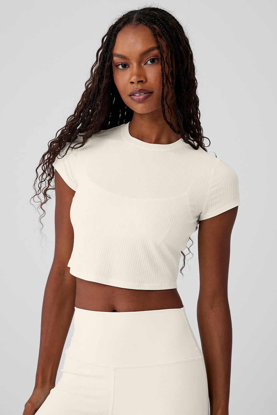 Ribbed Sea Coast Cropped Shorts‑Sleeve Tee — Ivory