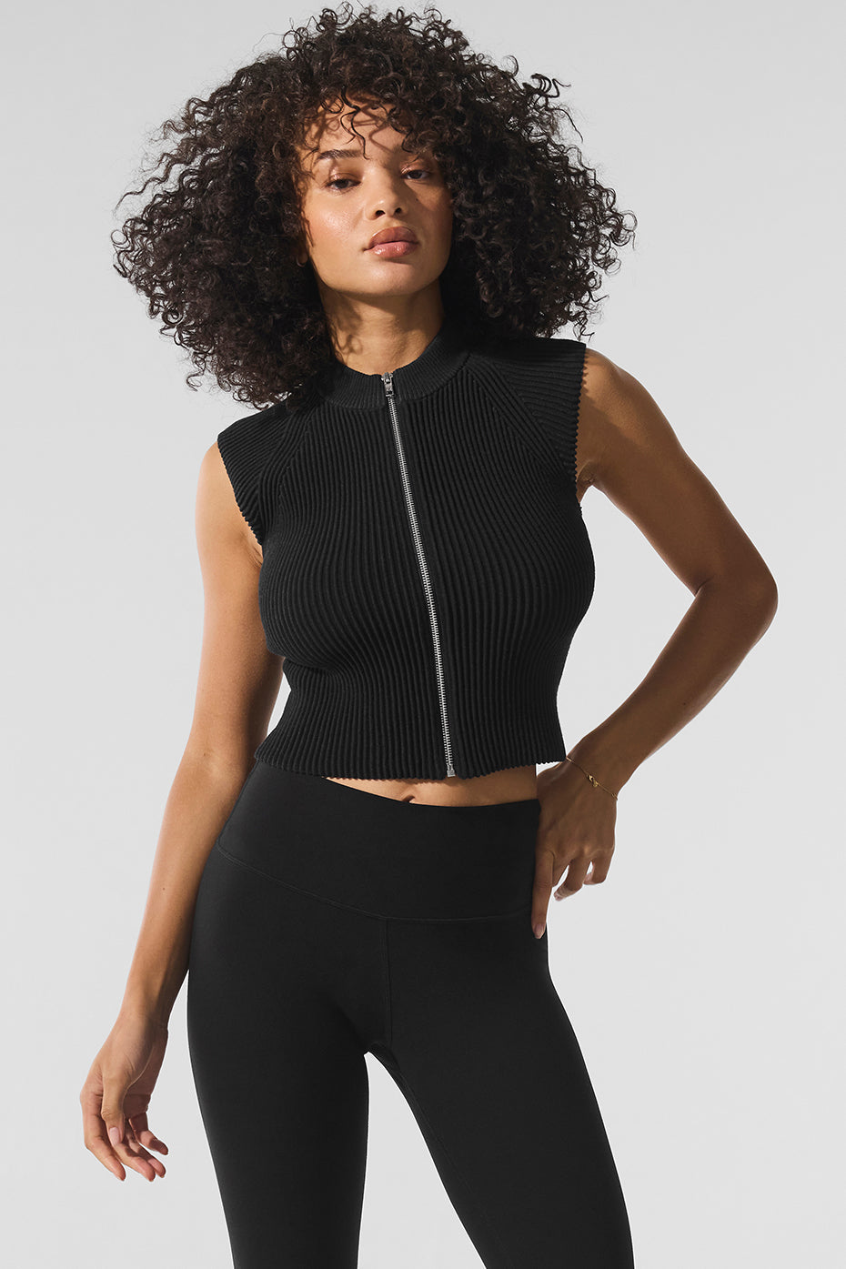 Denim Knit Sleeveless Full Zip Top — Black/Anthracite
