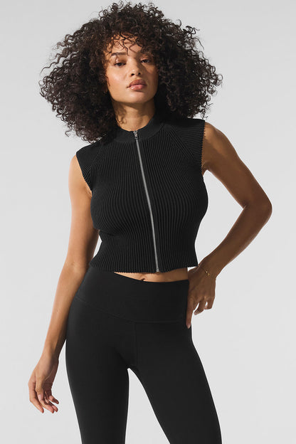 Denim Knit Sleeveless Full Zip Top — Black/Anthracite