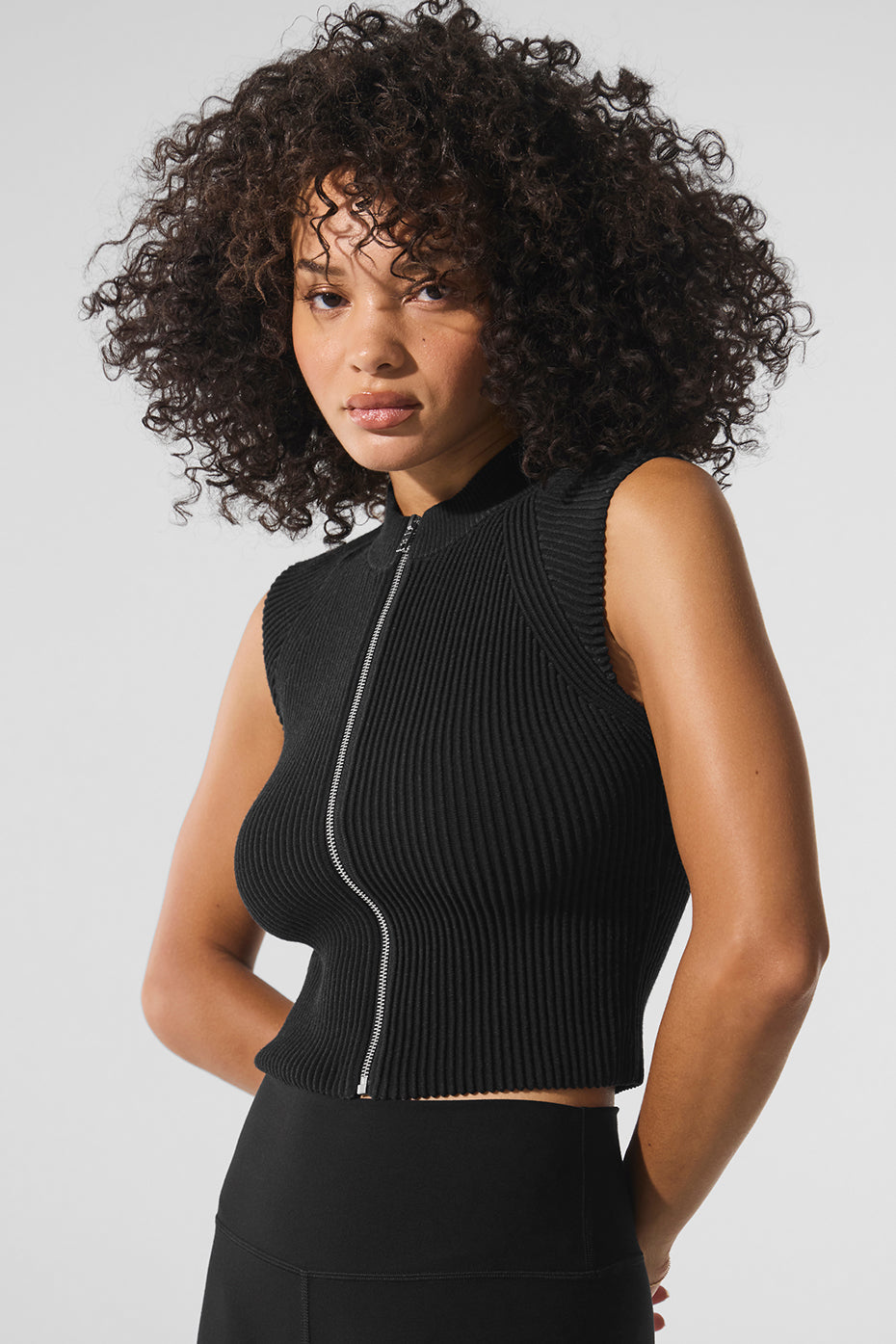 Denim Knit Sleeveless Full Zip Top — Black/Anthracite