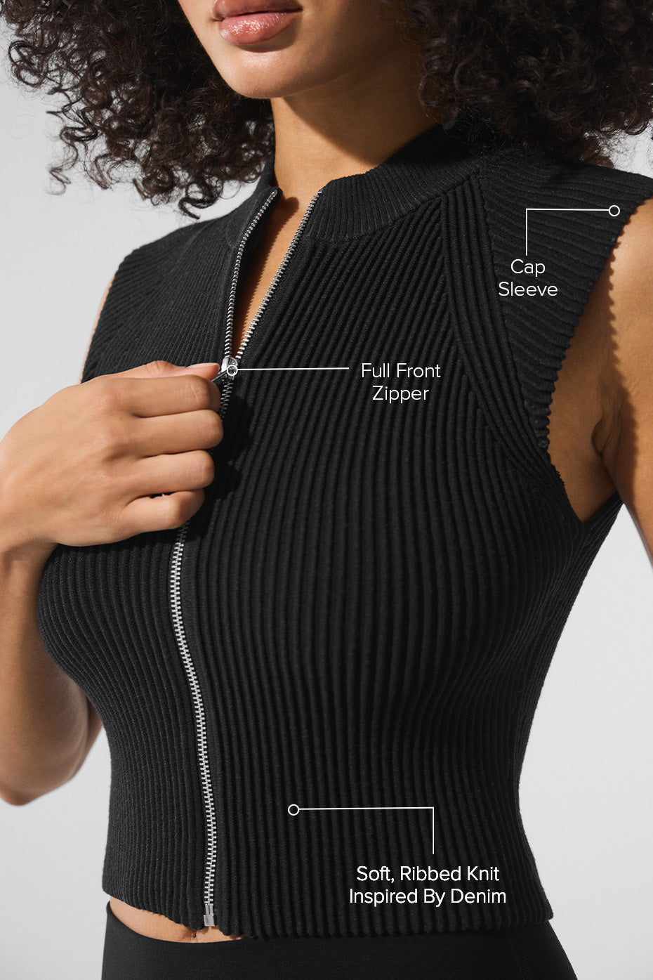 Denim Knit Sleeveless Full Zip Top — Black/Anthracite
