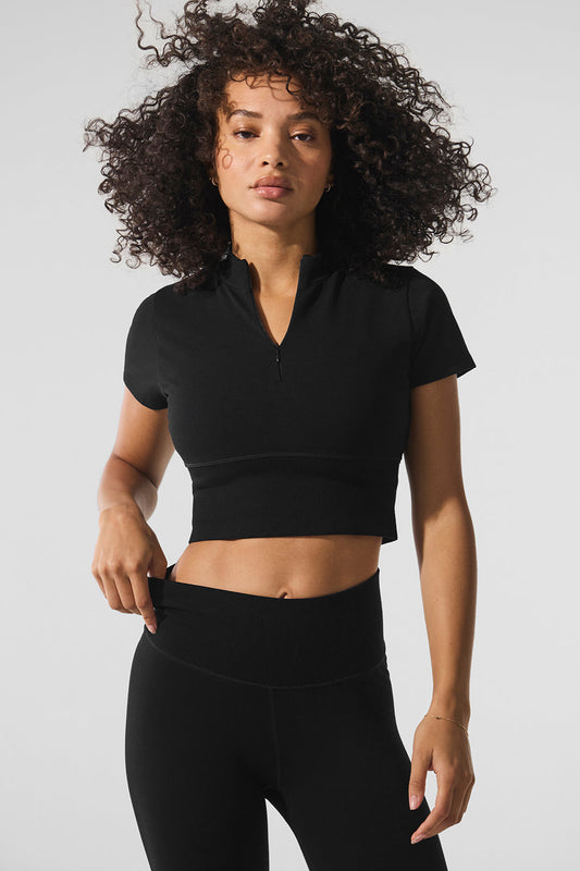 Seamless Winter Warm Plush Cropped Shorts‑Sleeve — Black