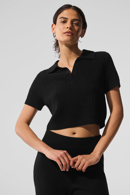 Cashmere Plush Waffle Polo Tee — Black