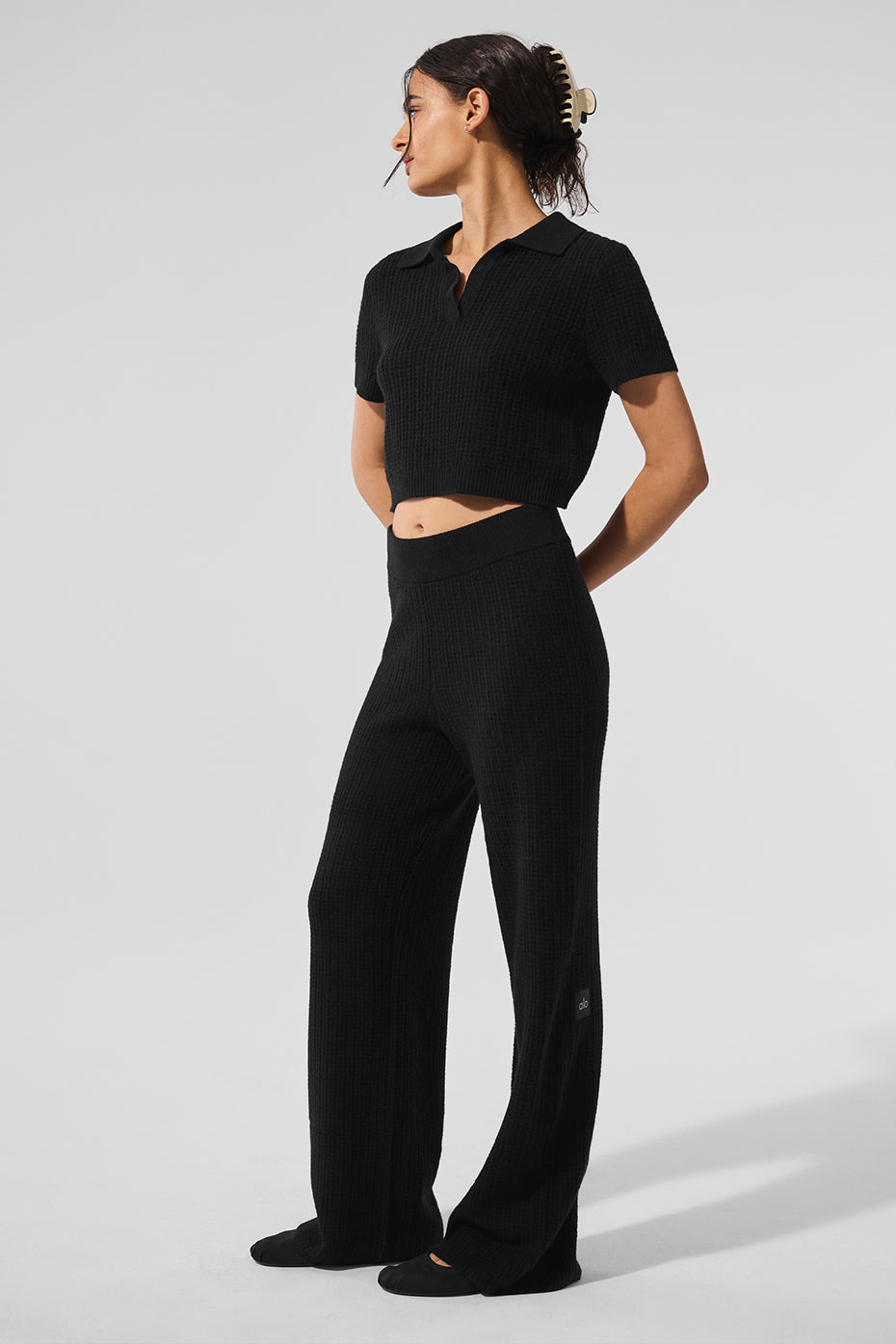 Cashmere Plush Waffle Polo Tee — Black
