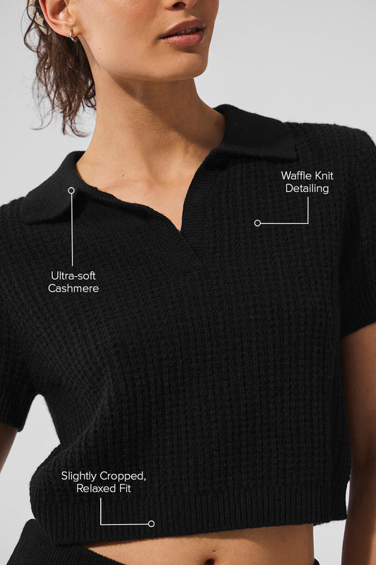 Cashmere Plush Waffle Polo Tee — Black