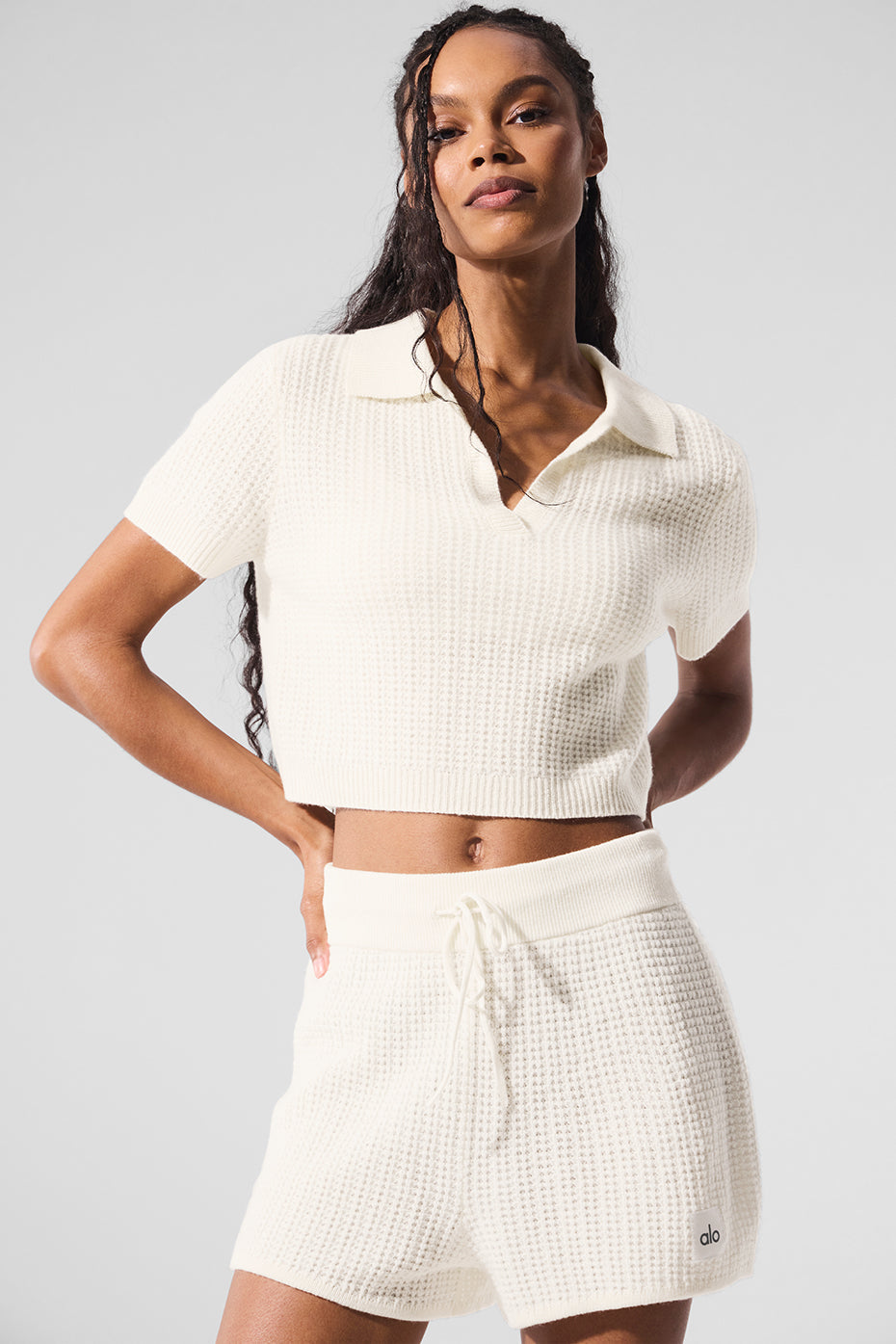 Cashmere Plush Waffle Polo Tee — Ivory