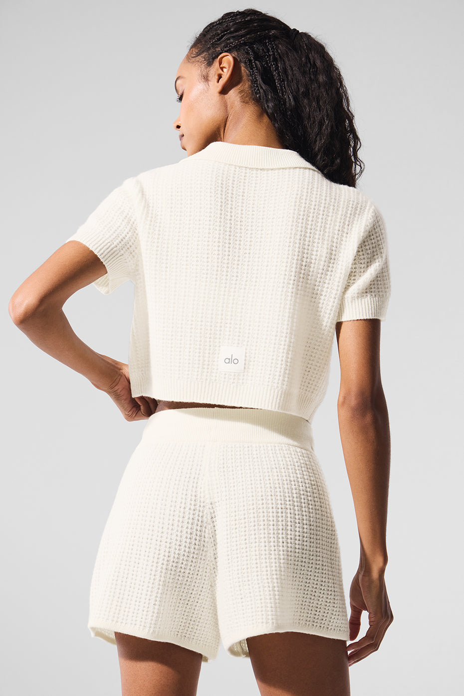 Cashmere Plush Waffle Polo Tee — Ivory