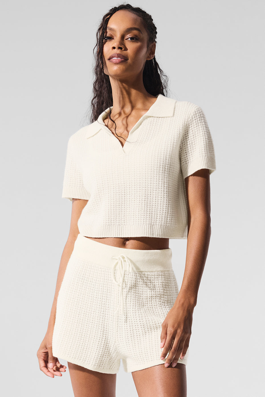 Cashmere Plush Waffle Polo Tee — Ivory