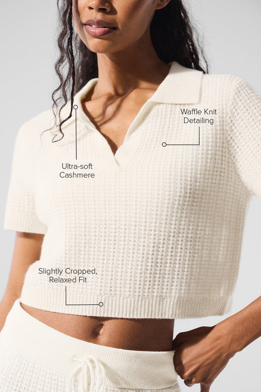 Cashmere Plush Waffle Polo Tee — Ivory