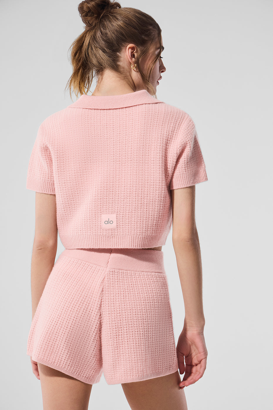 Cashmere Plush Waffle Polo Tee — Pink Quartz