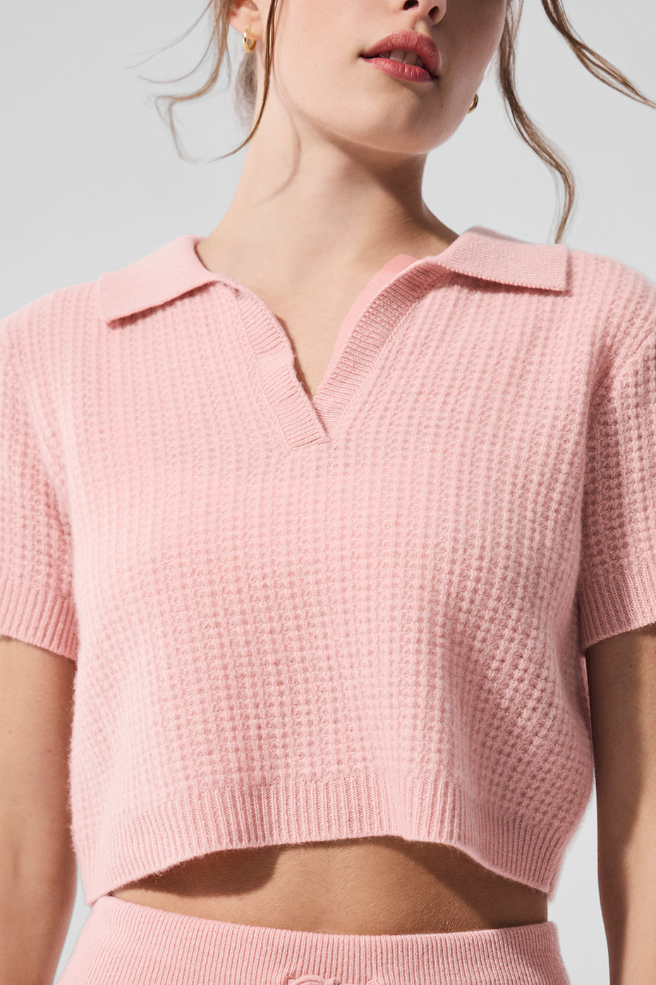 Cashmere Plush Waffle Polo Tee — Pink Quartz