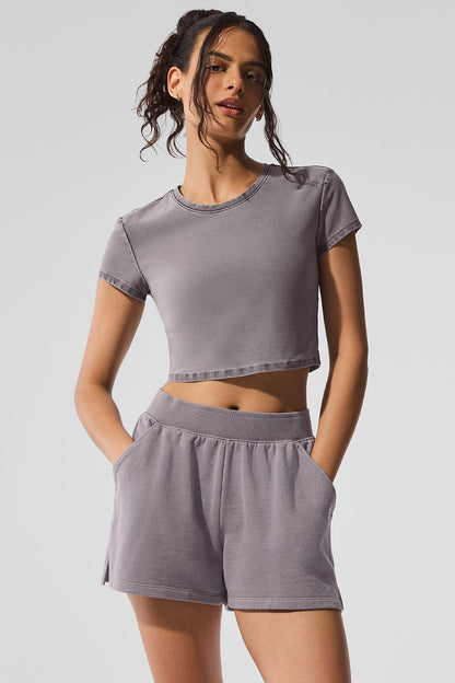 Washed Alosoft Crop Finesse Shorts‑Sleeve — Cool Grey Wash