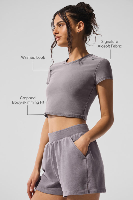 Washed Alosoft Crop Finesse Shorts‑Sleeve — Cool Grey Wash