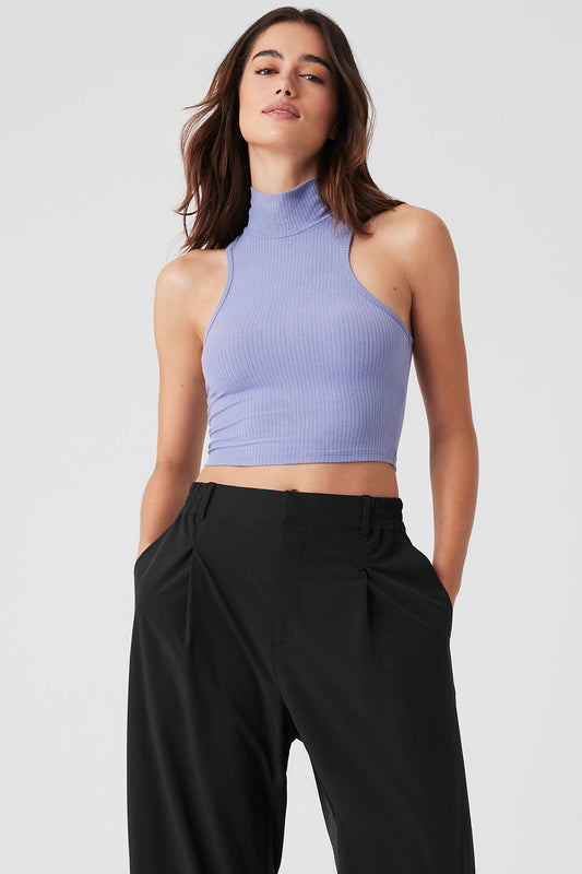Ribbed Sea Coast Cropped Turtleneck Tank Top — Lilac Blue