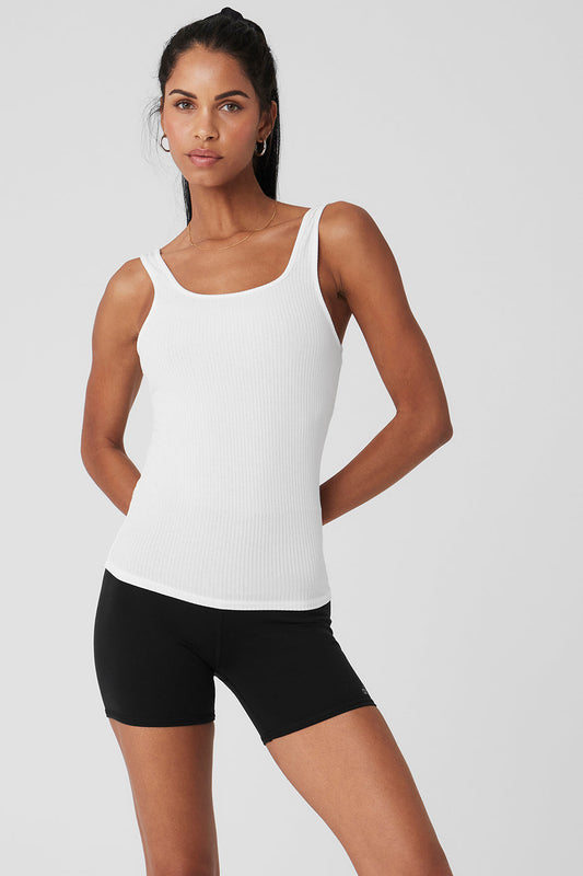 Ribbed Sea Coast Scoop Neck Tank Top — White