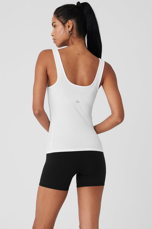 Ribbed Sea Coast Scoop Neck Tank Top — White