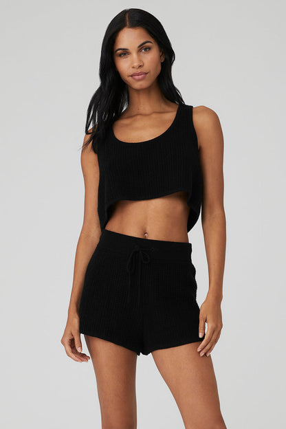 Cashmere Plush Waffle Cropped Tank Top — Black