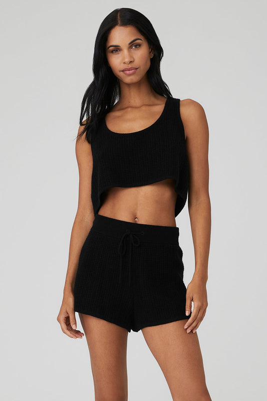 Cashmere Plush Waffle Cropped Tank Top — Black