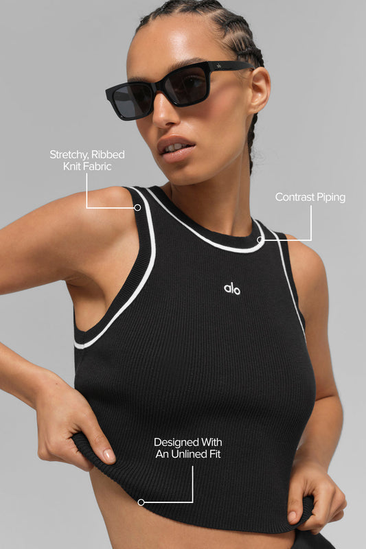 Ribbed Sweater Knit Highline Cropped Tank Top — Black/White