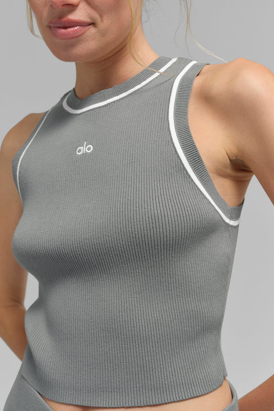 Ribbed Sweater Knit Highline Cropped Tank Top — Lunar Grey/White