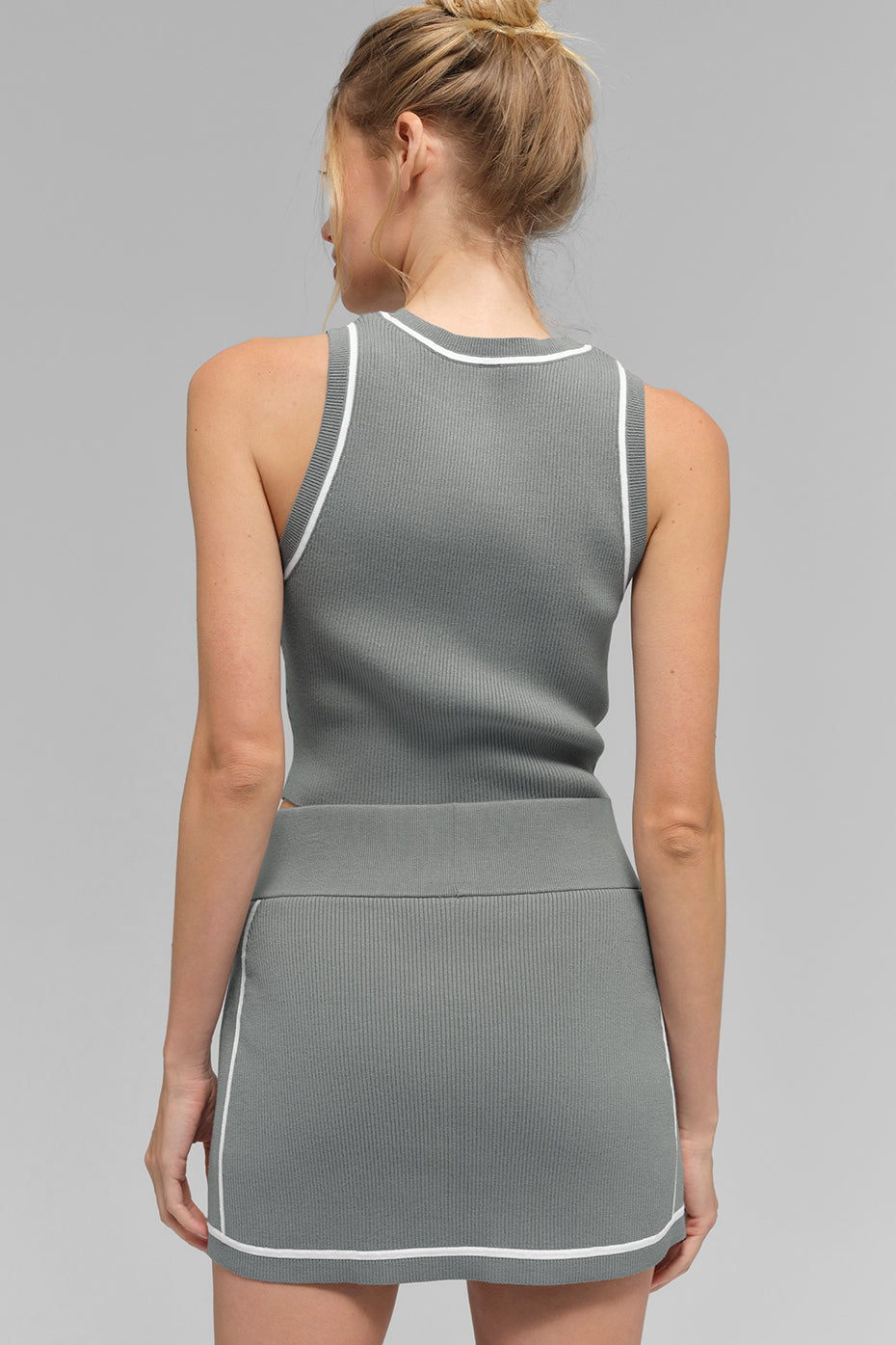 Ribbed Sweater Knit Highline Cropped Tank Top — Lunar Grey/White