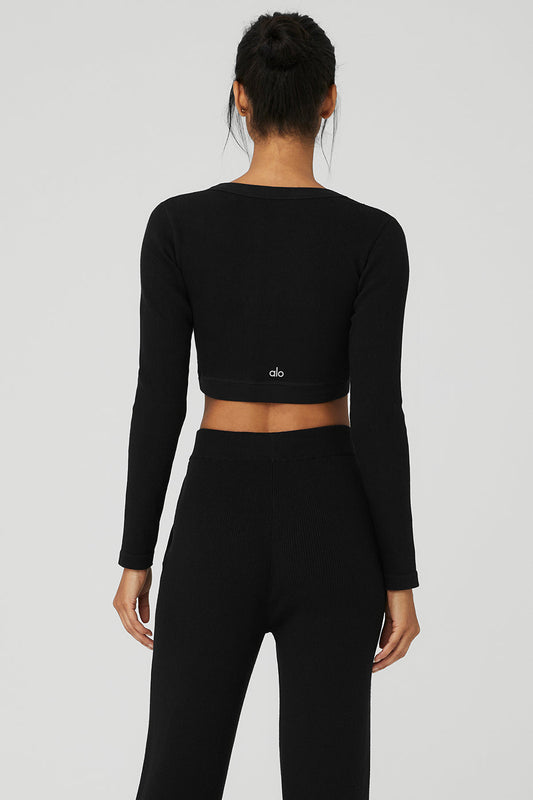 Seamless Ribbed Cropped Serene Long‑Sleeve — Black
