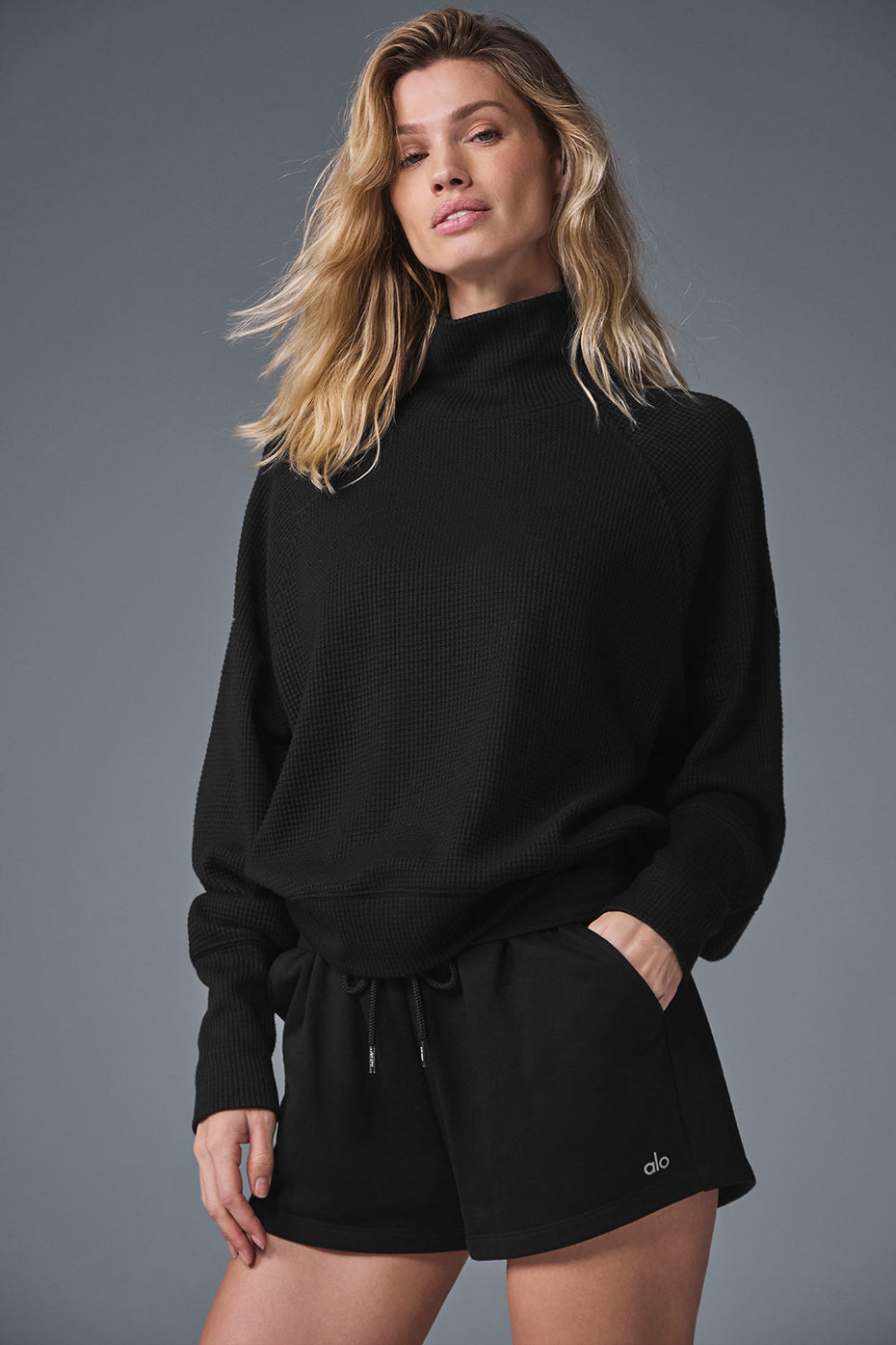 Waffle Weekend Escape Mock Neck Long‑Sleeve — Black