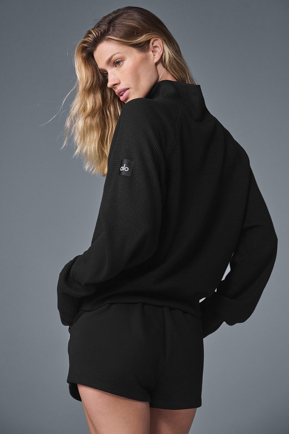 Waffle Weekend Escape Mock Neck Long‑Sleeve — Black