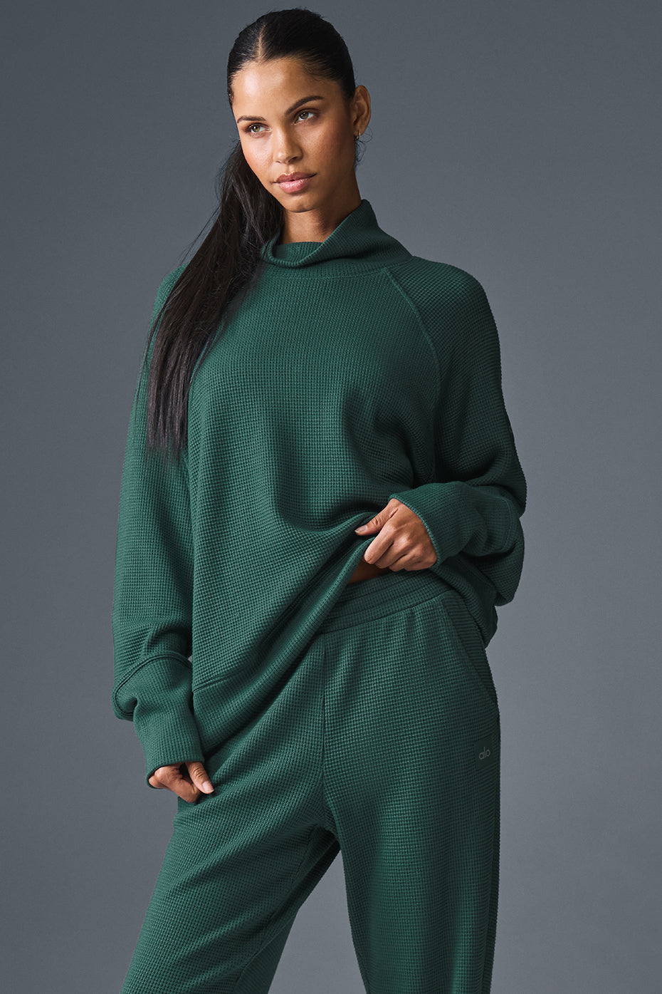 Waffle Weekend Escape Mock Neck Long‑Sleeve — Winter Ivy