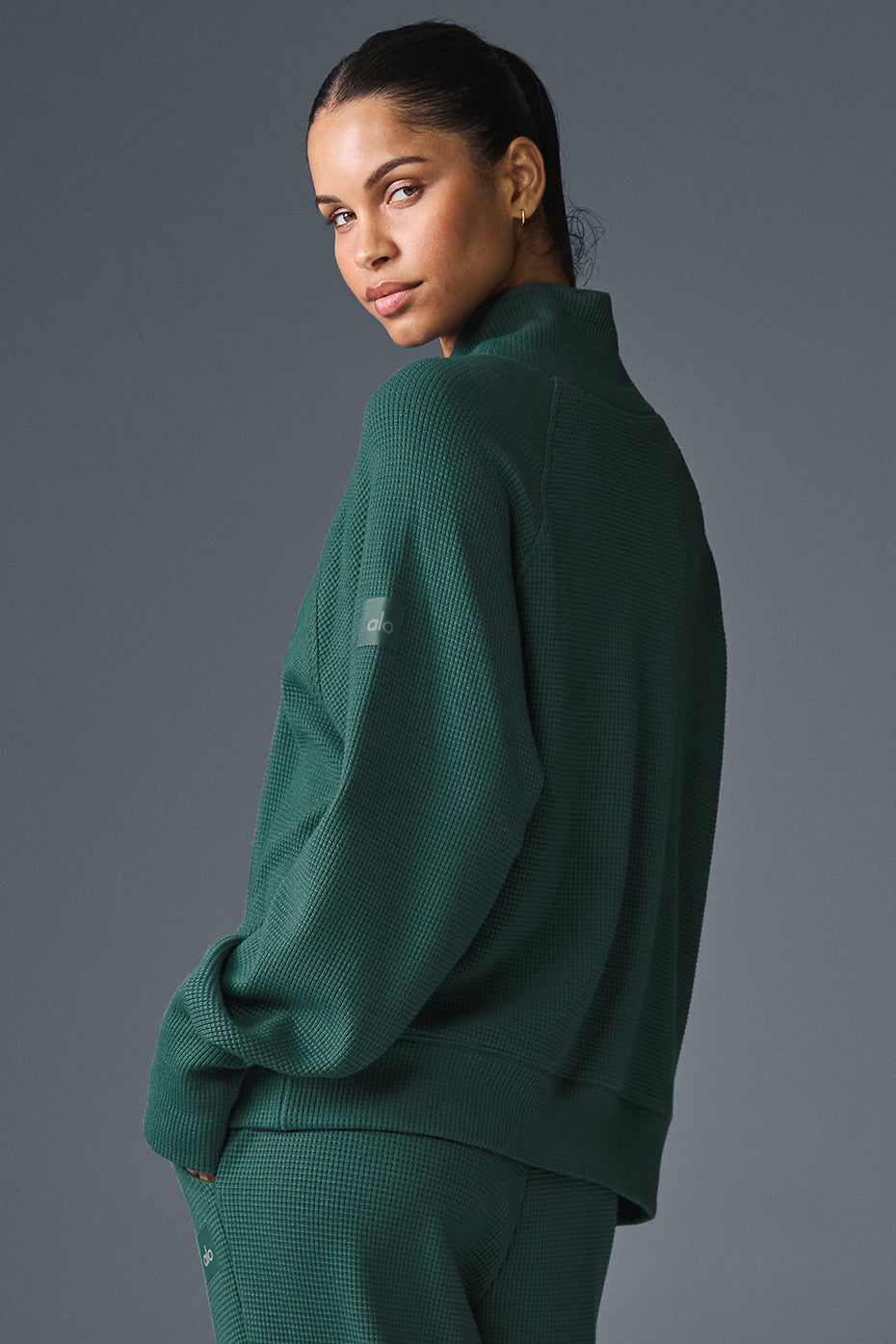 Waffle Weekend Escape Mock Neck Long‑Sleeve — Winter Ivy