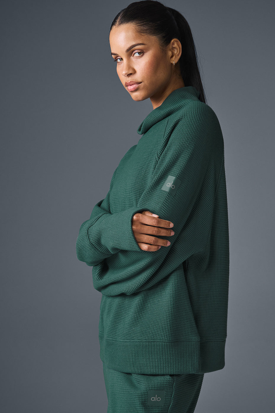 Waffle Weekend Escape Mock Neck Long‑Sleeve — Winter Ivy