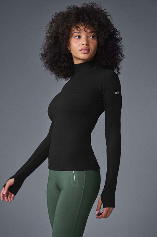 Wellness Rib Mock Neck Long‑Sleeve — Black