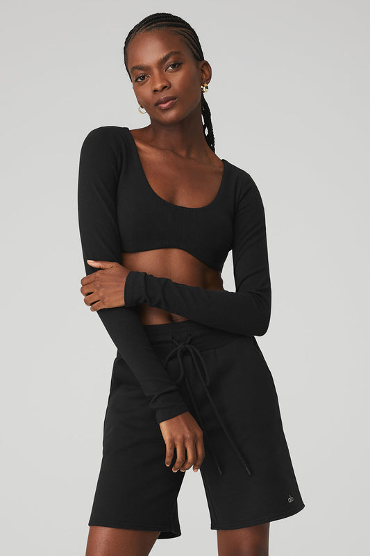 Ribbed Defined Long‑Sleeve Sports Bra — Black