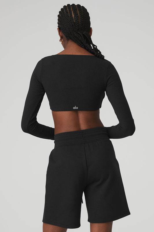 Ribbed Defined Long‑Sleeve Sports Bra — Black