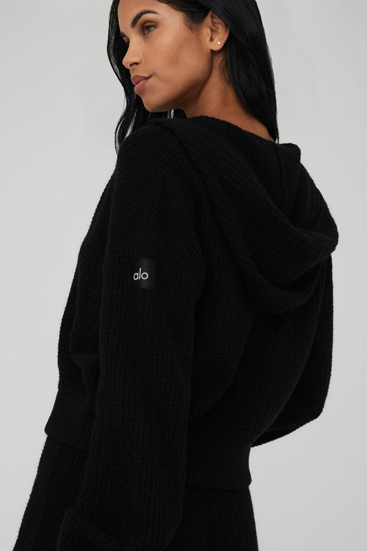 Cashmere Plush Waffle Full Zip Hooded Sweatshirt — Black