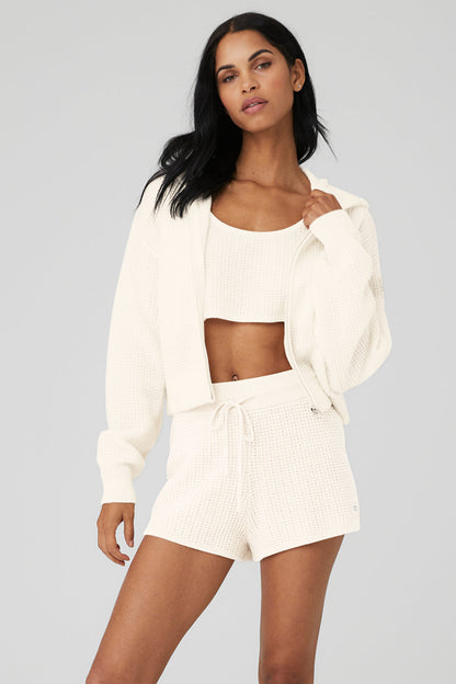 Cashmere Plush Waffle Full Zip Hooded Sweatshirt — Ivory